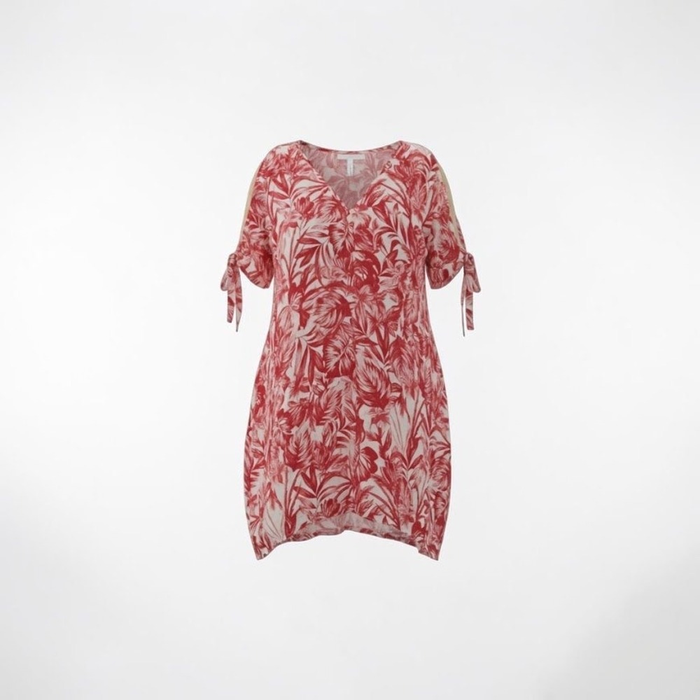 Linen Floral Cold Shoulder Dress Red Tropical V-Neck High-Low Made in Italy